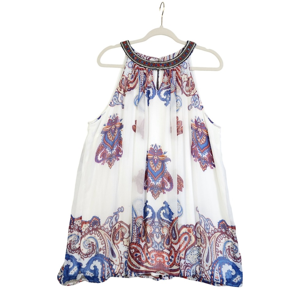 Ali Miles Womens Paisley Chiffon Beaded Neckline Halter Top Size XL White Blue